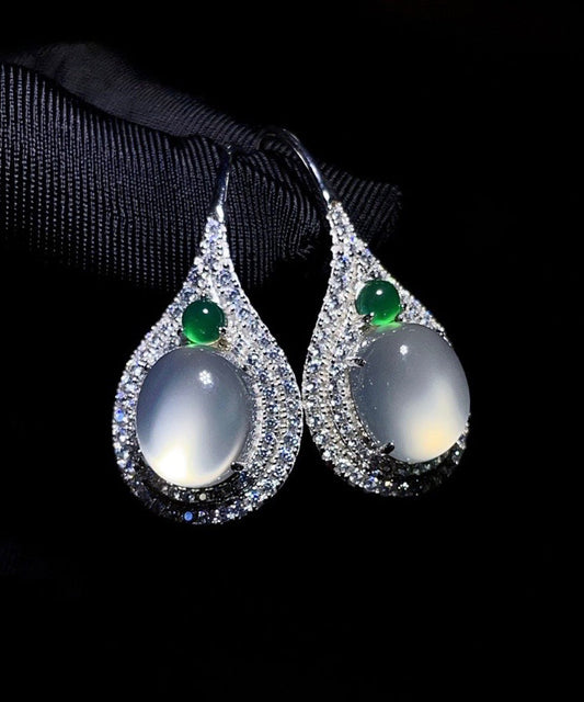 Women Silk Sterling Silver Inlaid Zircon Jade Stud Earrings AC1065