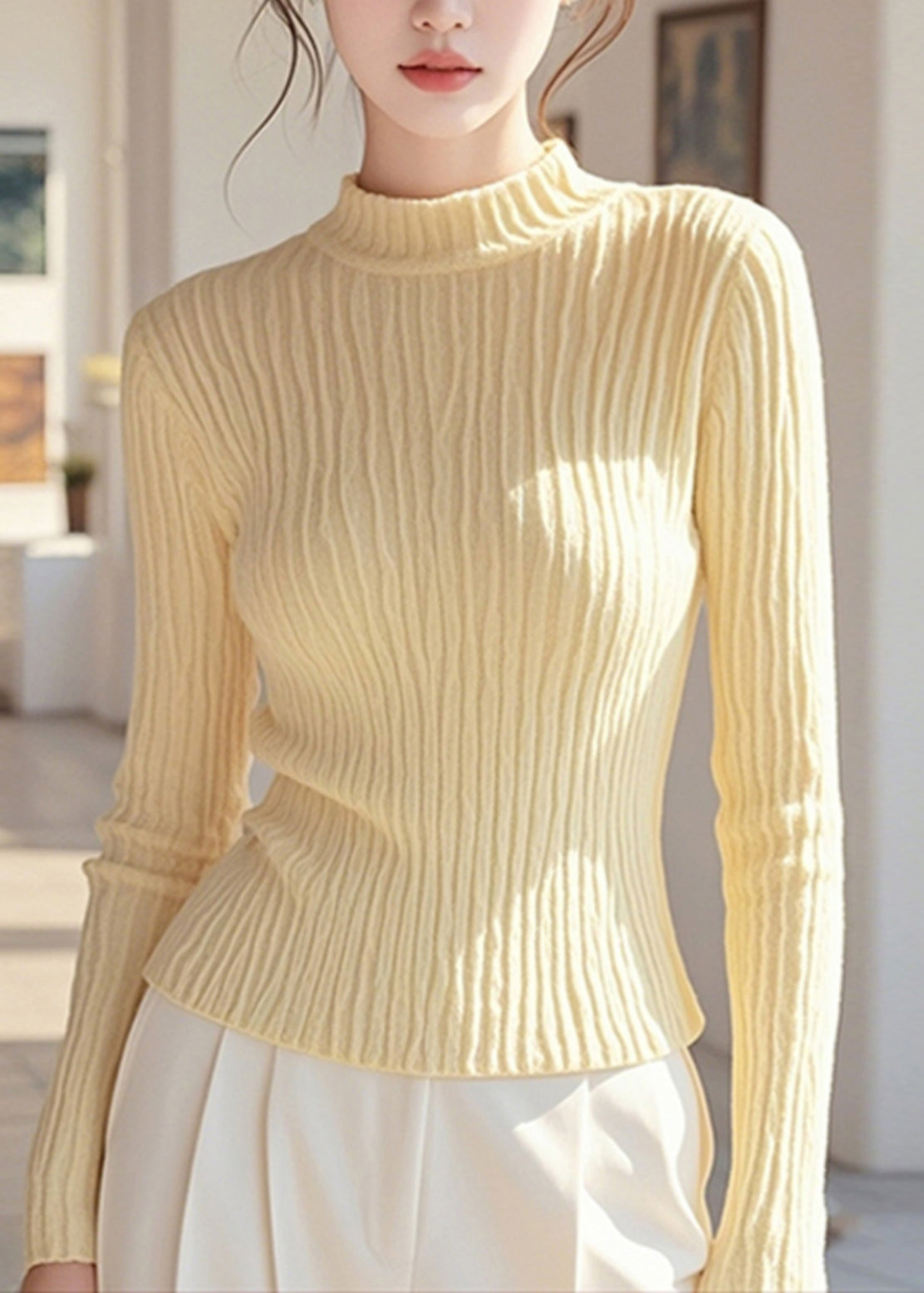 Frauen Einfache Gelb Halb Hohe Neck Strick Pullover Frühling TO007