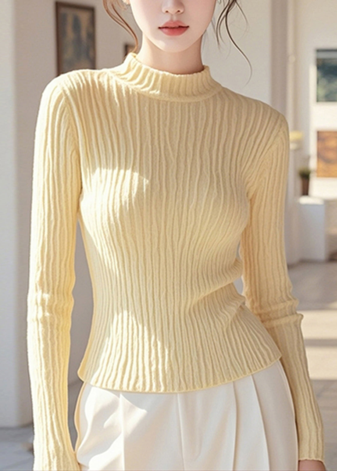 Frauen Einfache Gelb Halb Hohe Neck Strick Pullover Frühling TO007