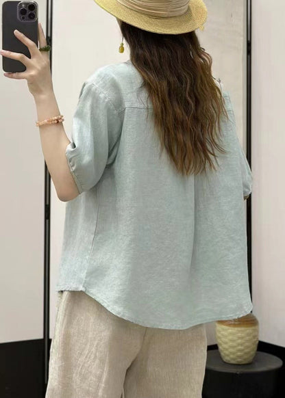 Chemise ample en lin à boutons pour femme, bleu ciel uni