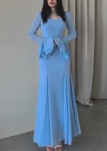 Robe longue en mousseline de soie à col en U bleu pour femme, coupe ajustée, manches papillon, QL038