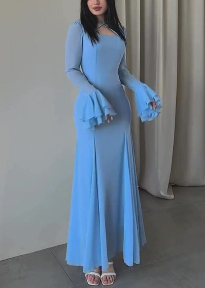 Robe longue en mousseline de soie à col en U bleu pour femme, coupe ajustée, manches papillon, QL038