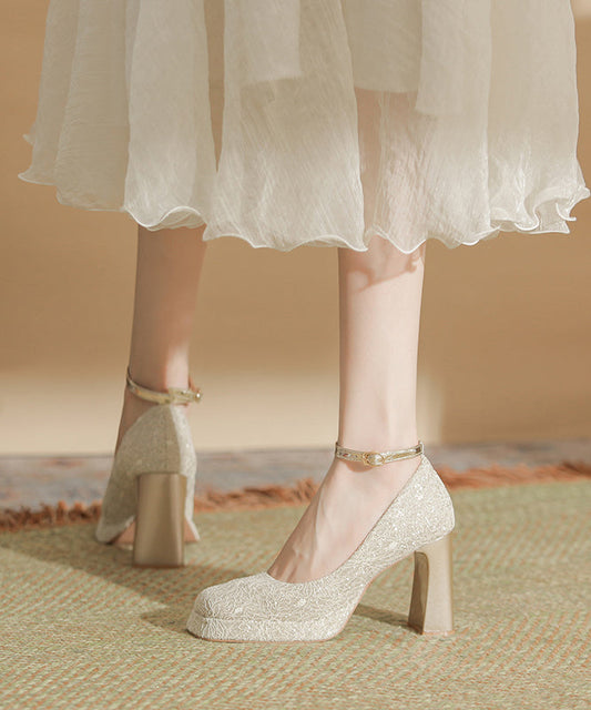 Leather Heels Champagne Splicing High Women Faux Chunky