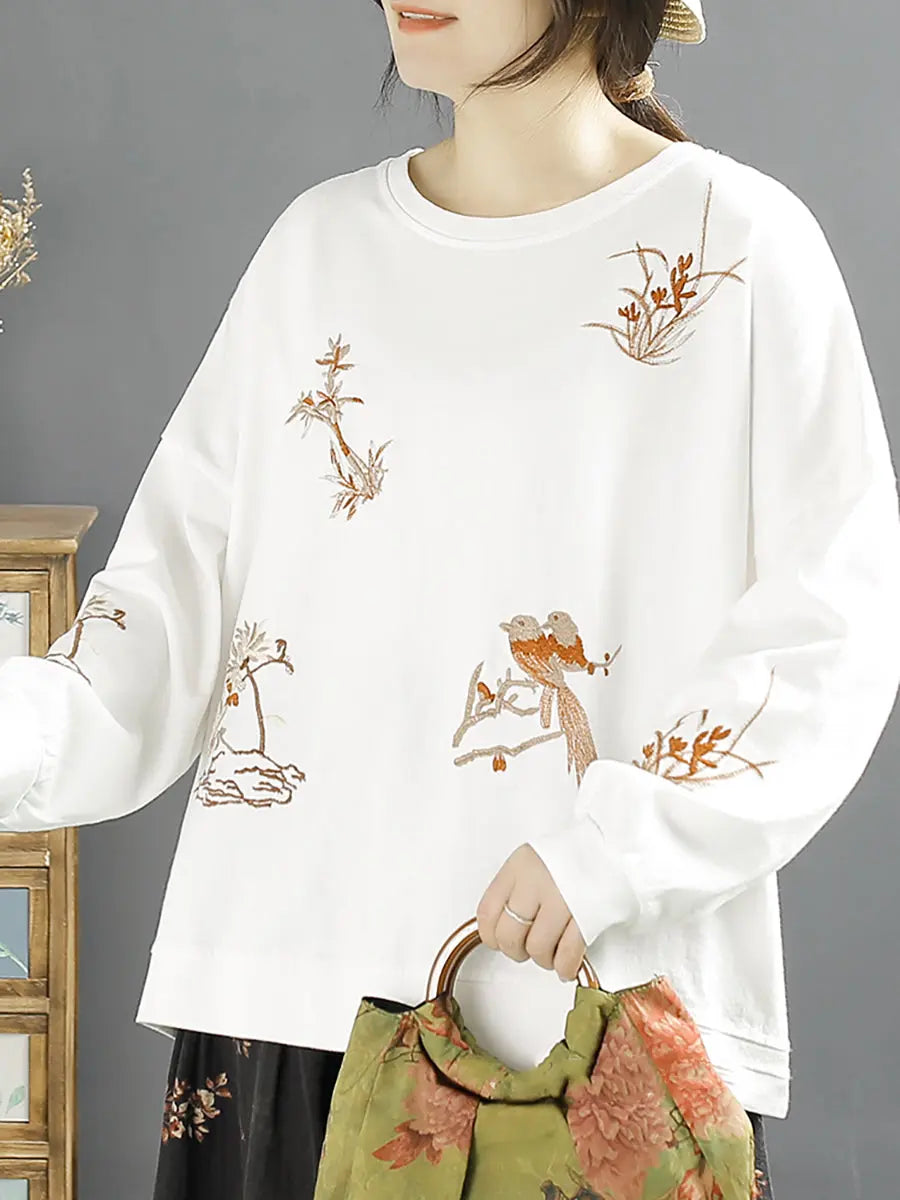 Women Spring Bird Embroidery Cotton Vintage Shirt Ada Fashion