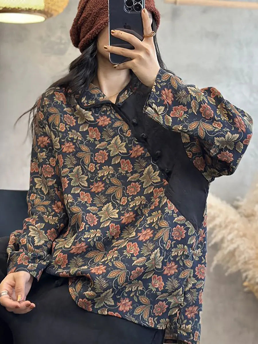 Women Spring Ethnic Floral Patchwork Buckle Linen Shirt Ada Fashion