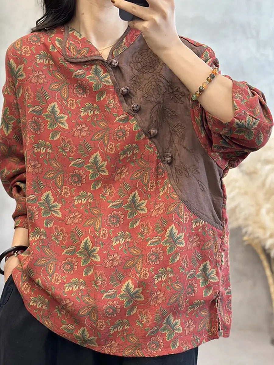 Women Spring Ethnic Floral Patchwork Buckle Linen Shirt Ada Fashion