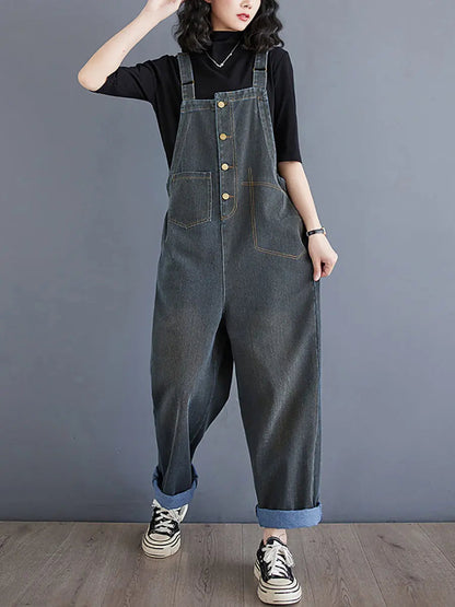 Women Spring Vintage Solid Asymmetrical Denim Jumpsuits Ada Fashion