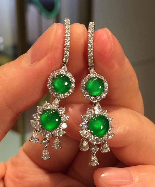 Women Sterling Silver Inlaid Zircon Jade Tassel Drop Earrings AC1037