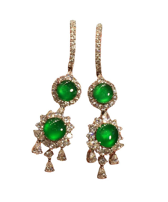 Women Sterling Silver Inlaid Zircon Jade Tassel Drop Earrings AC1037