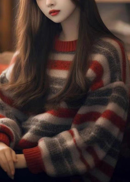 Pull rayé en tricot épais et confortable à col rond pour femme, hiver WX006