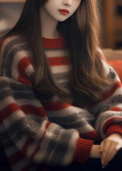 Pull rayé en tricot épais et confortable à col rond pour femme, hiver WX006