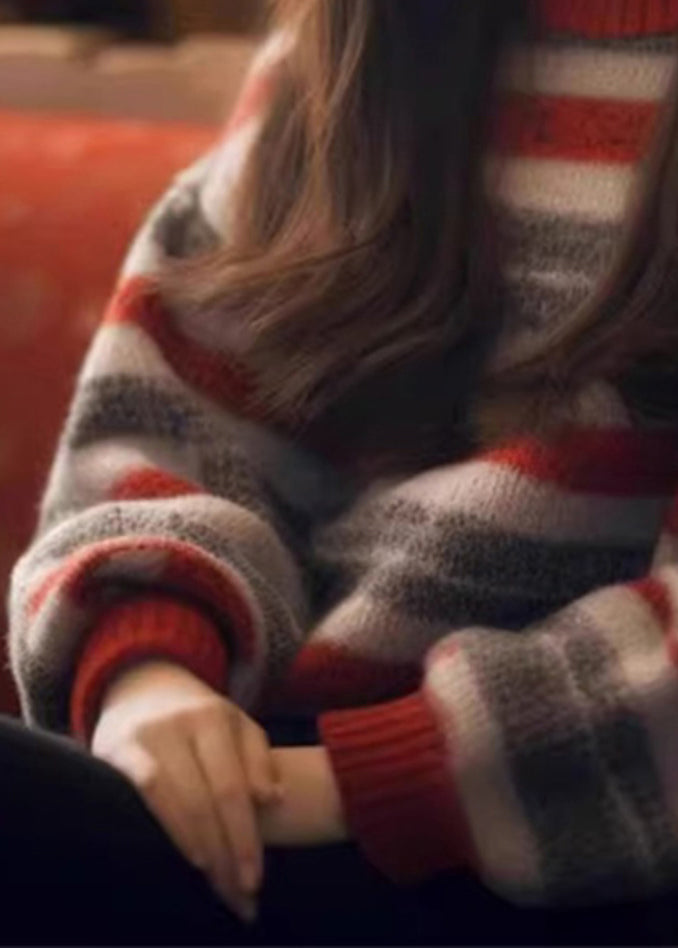 Pull rayé en tricot épais et confortable à col rond pour femme, hiver WX006