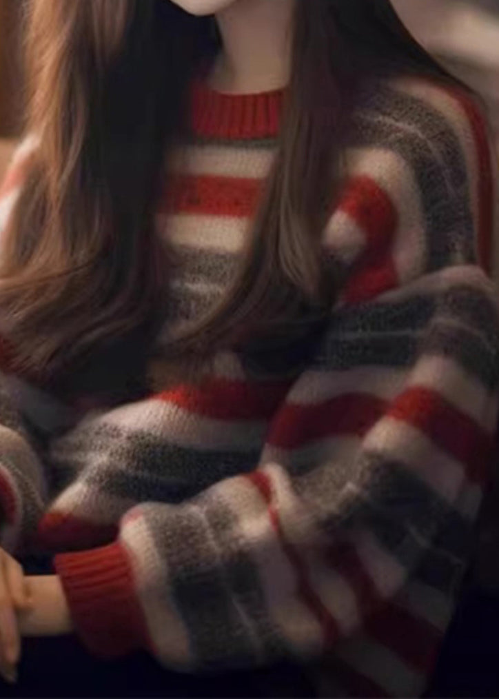 Pull rayé en tricot épais et confortable à col rond pour femme, hiver WX006