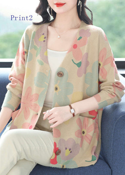 Cardigan en laine à col en V et poches imprimées pour femme, printemps TQ022