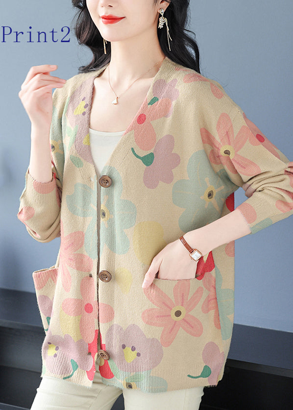 Cardigan en laine à col en V et poches imprimées pour femme, printemps TQ022