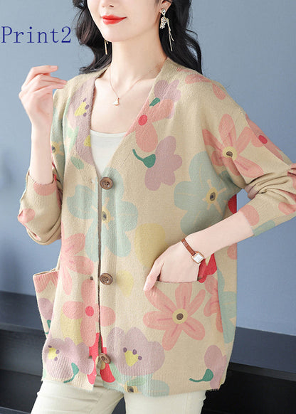 Cardigan en laine à col en V et poches imprimées pour femme, printemps TQ022