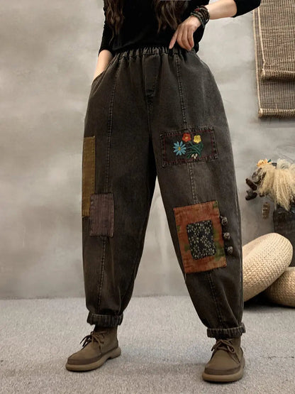 Women Vintage Spring Patch Embroidery Denim Harem Pants Ada Fashion