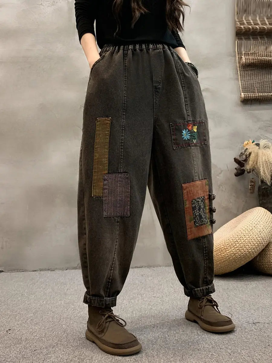 Women Vintage Spring Patch Embroidery Denim Harem Pants Ada Fashion