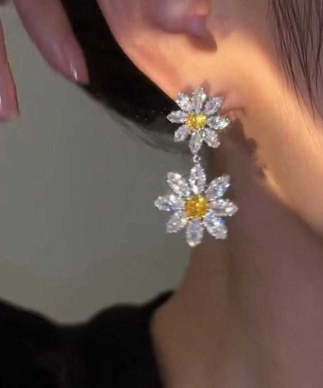 Women White Alloy Crystal Zircon Floral Drop Earrings WZ002