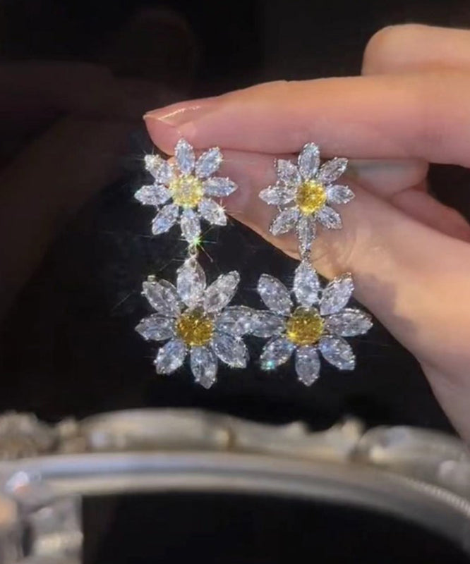 Women White Alloy Crystal Zircon Floral Drop Earrings WZ002