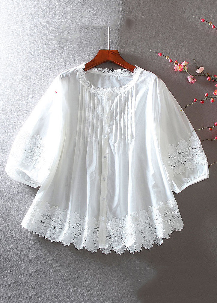 Women White Button Hollow Out Lace Patchwork Shirt Bracelet Sleeve VV002