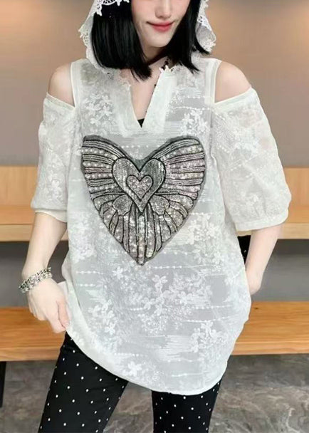 Sweat à capuche blanc d'été en coton froid pour femme, haut en jacquard à épaules dénudées