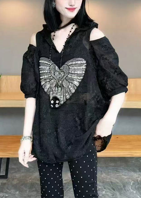 Sweat à capuche blanc d'été en coton froid pour femme, haut en jacquard à épaules dénudées