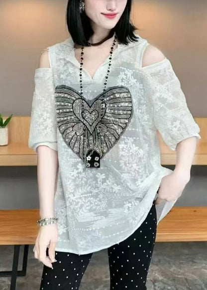 Sweat à capuche blanc d'été en coton froid pour femme, haut en jacquard à épaules dénudées