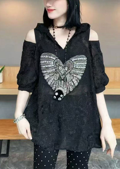 Sweat à capuche blanc d'été en coton froid pour femme, haut en jacquard à épaules dénudées