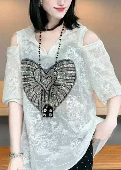 Sweat à capuche blanc d'été en coton froid pour femme, haut en jacquard à épaules dénudées