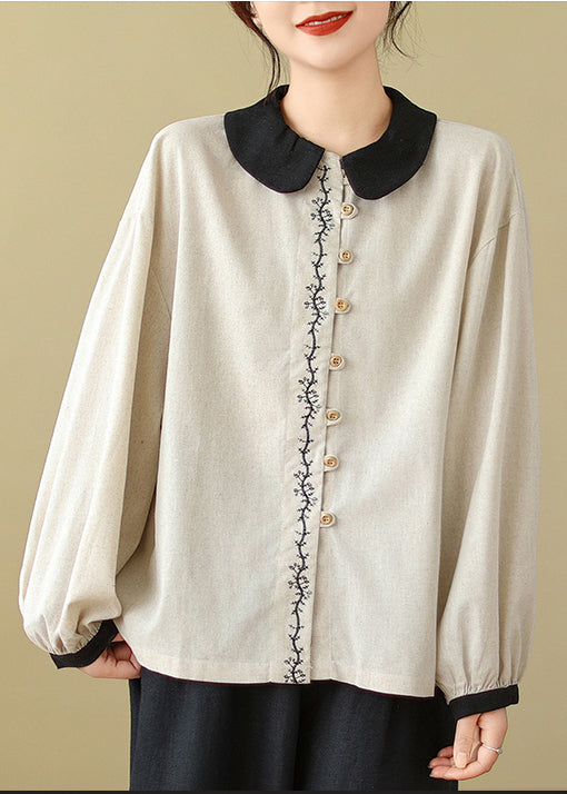Frauen Weiß Bestickte Patchwork Leinen Shirts Frühling TM029