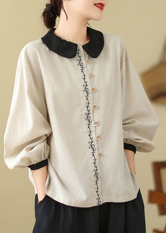 Chemises en lin blanc brodées patchwork pour femmes, printemps TM029