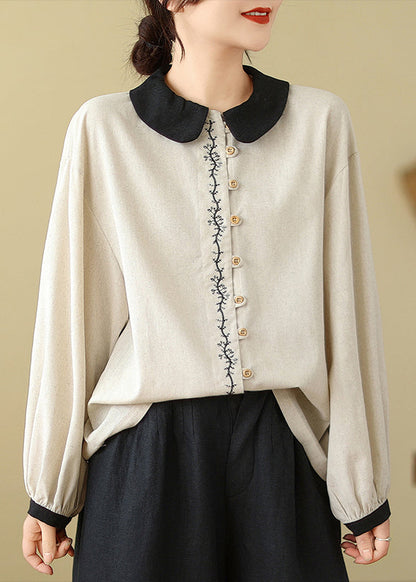 Chemises en lin blanc brodées patchwork pour femmes, printemps TM029