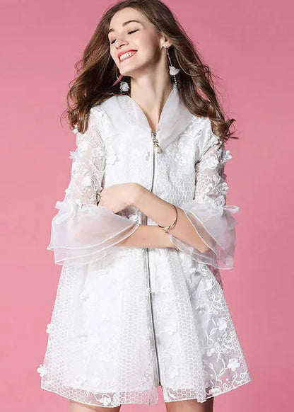 Women White Hooded Embroidered Tulle Mini Dresses Flare Sleeve Ada Fashion