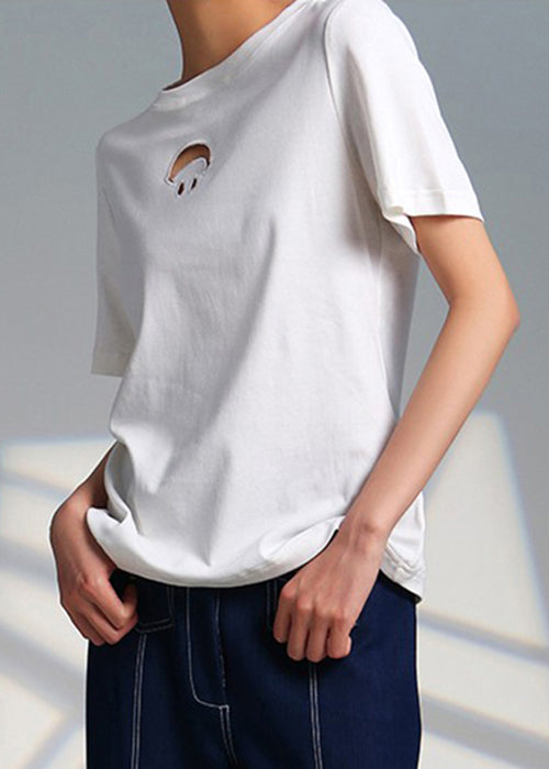 Women White O Neck Hollow Out Cotton T Shirts Summer Ada Fashion