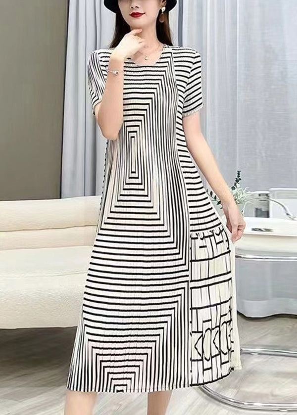 Frauen Weiß O Neck Striped Faltig Seide Kleider Sommer BV080