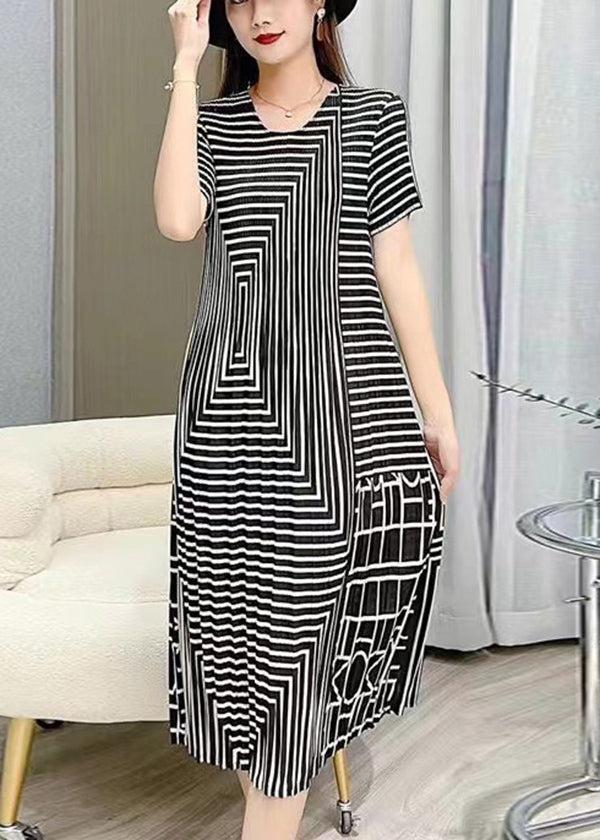 Frauen Weiß O Neck Striped Faltig Seide Kleider Sommer BV080