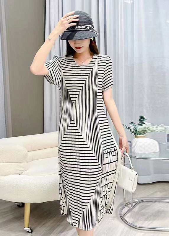 Frauen Weiß O Neck Striped Faltig Seide Kleider Sommer BV080