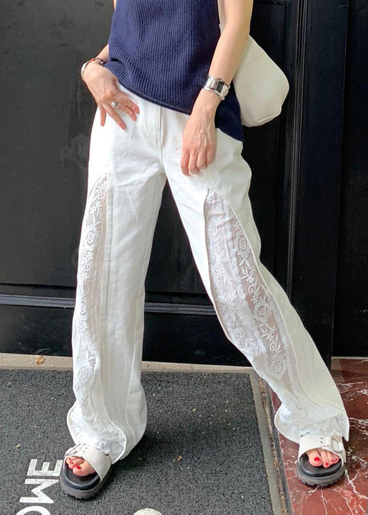 Women White Pockets Lace Patchwork Cotton Pants Summer WP038