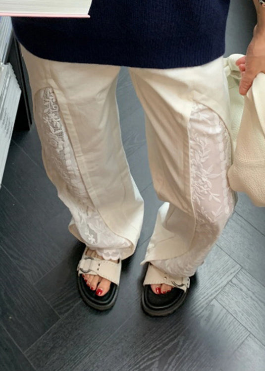 Women White Pockets Lace Patchwork Cotton Pants Summer WP038