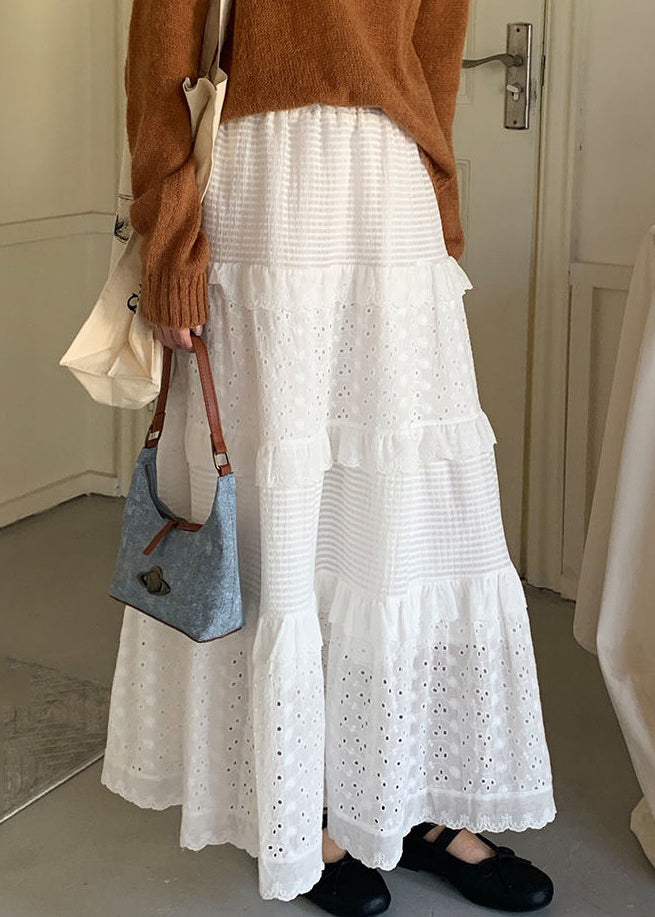 Women White Ruffled Hollow Out Cotton Skirts Summer Ada Fashion