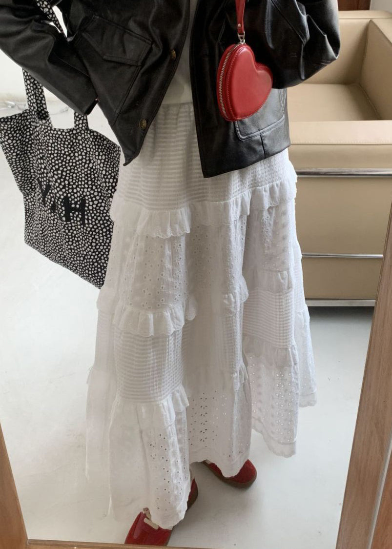 Women White Ruffled Hollow Out Cotton Skirts Summer Ada Fashion