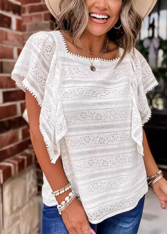 Women White Square Collar Hollow Out Lace Blouses Summer BB037