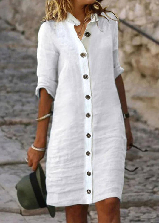 Chemises blanches à col montant et boutons en coton pour femmes, robes à demi-manches AH518