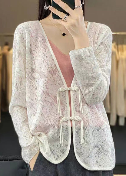 Cardigan en tricot blanc à col en V et boutons chinois pour femme Automne AB1049