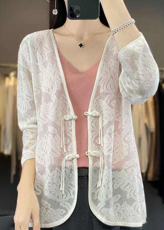 Women White V Neck Chinese Button Knit Cardigan Fall AB1049