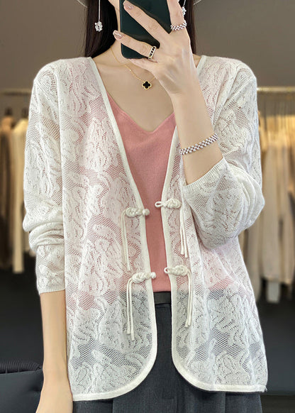 Cardigan en tricot blanc à col en V et boutons chinois pour femme Automne AB1049