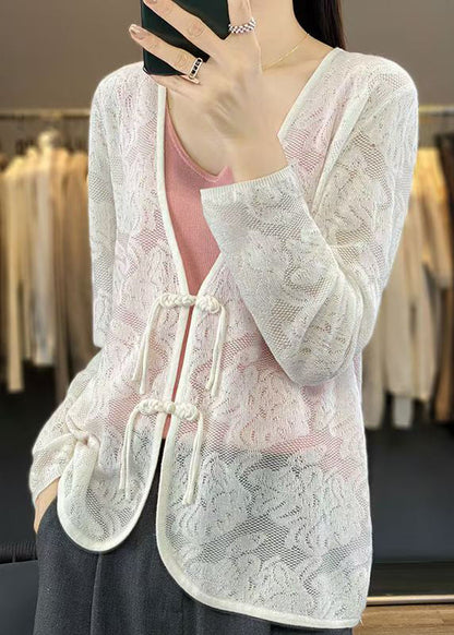 Cardigan en tricot blanc à col en V et boutons chinois pour femme Automne AB1049