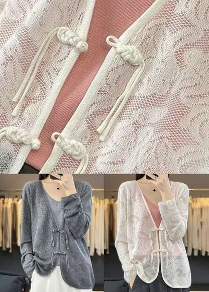 Cardigan en tricot blanc à col en V et boutons chinois pour femme Automne AB1049