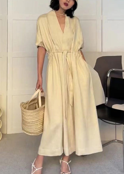 Robe d'été blanche en coton avec poches et col en V pour femme EE1014